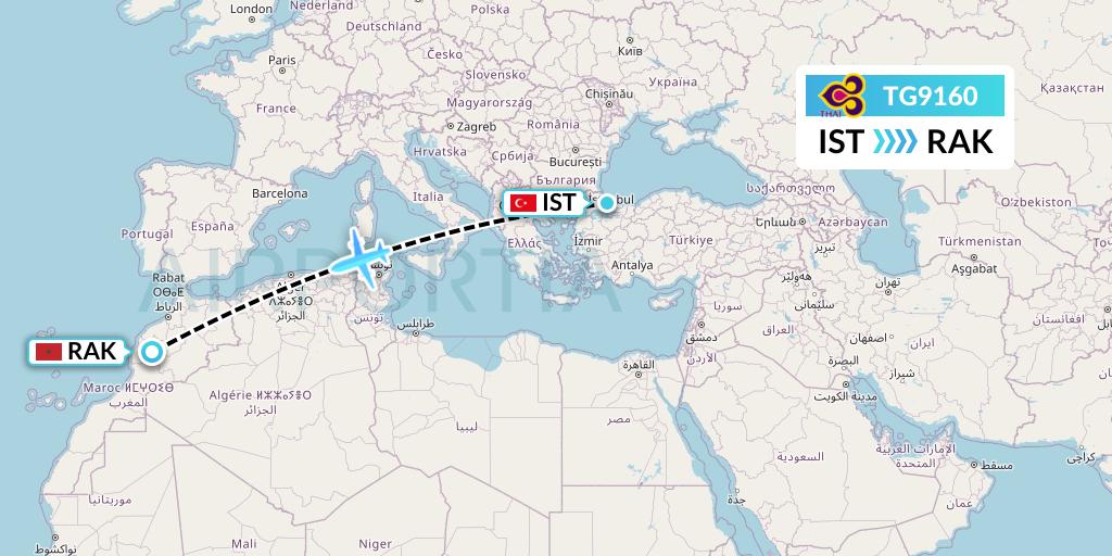 TG9160 Thai Airways Flight Map: Istanbul to Marrakesh 
