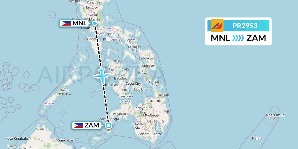 PR2953 Philippine Airlines Flight Map: Manila to Zamboanga