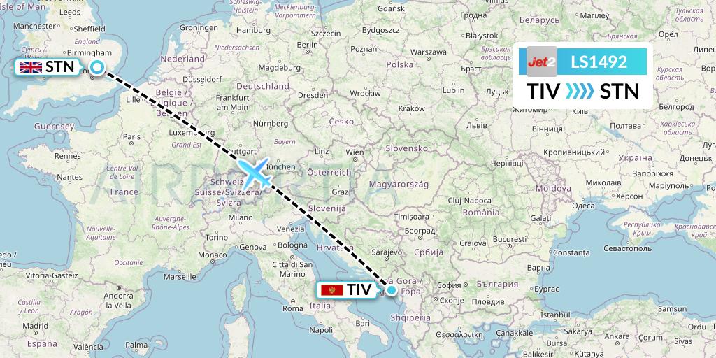 LS1492 Jet2 Flight Map: Tivat to London