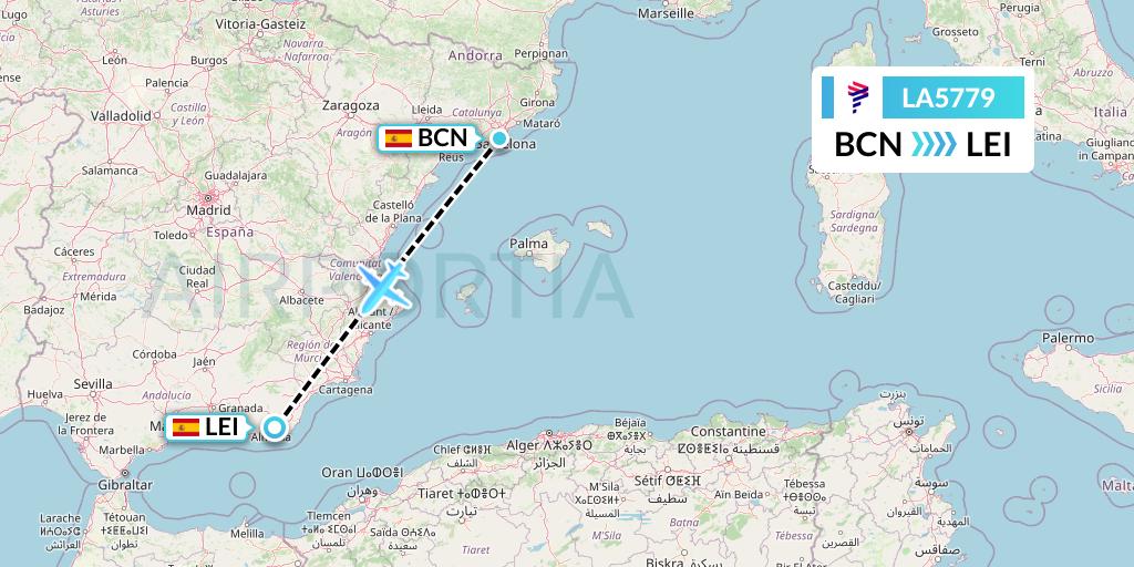 LA5779 LAN Airlines Flight Map: Barcelona to Almeria