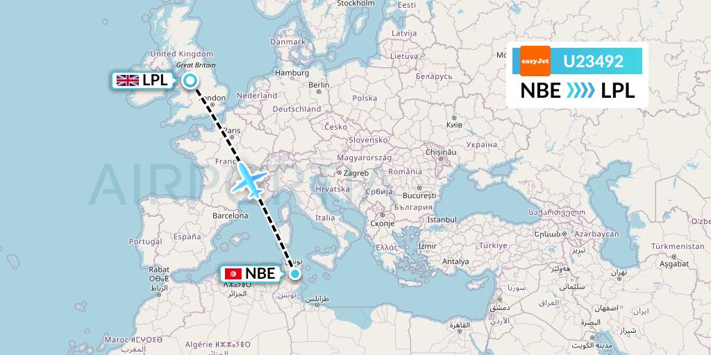 U23492 EasyJet Flight Map: Enfidha to Liverpool