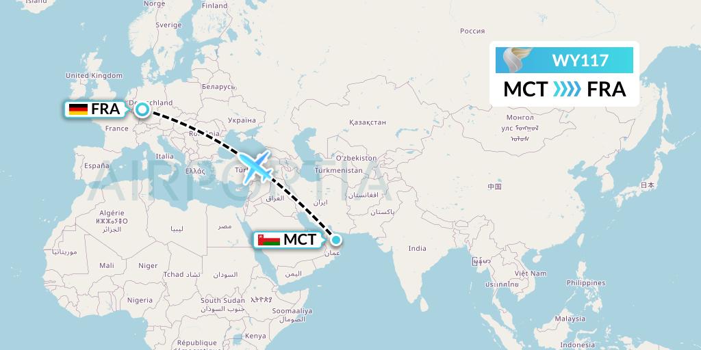 WY117 Oman Air Flight Map: Muscat to Frankfurt