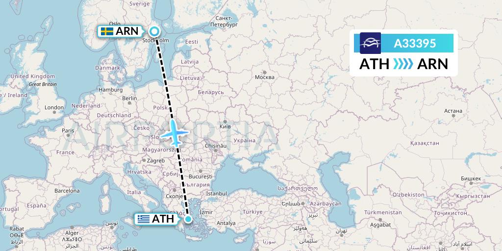 A33395 Aegean Airlines Flight Map: Athens to Stockholm