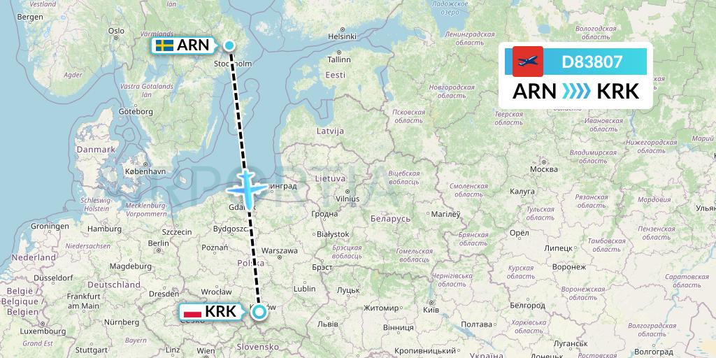 D83807 Norwegian Air International Flight Map: Stockholm to Krakow