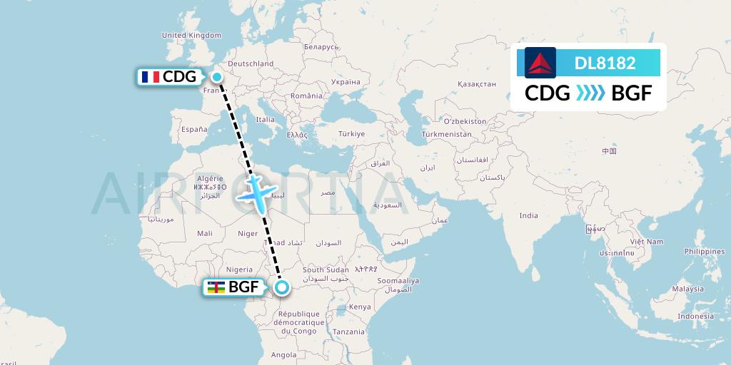 DL8182 Delta Air Lines Flight Map: Paris to Bangui