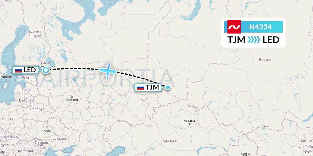 N4334 Nordwind Airlines Flight Map: Tyumen to St. Petersburg