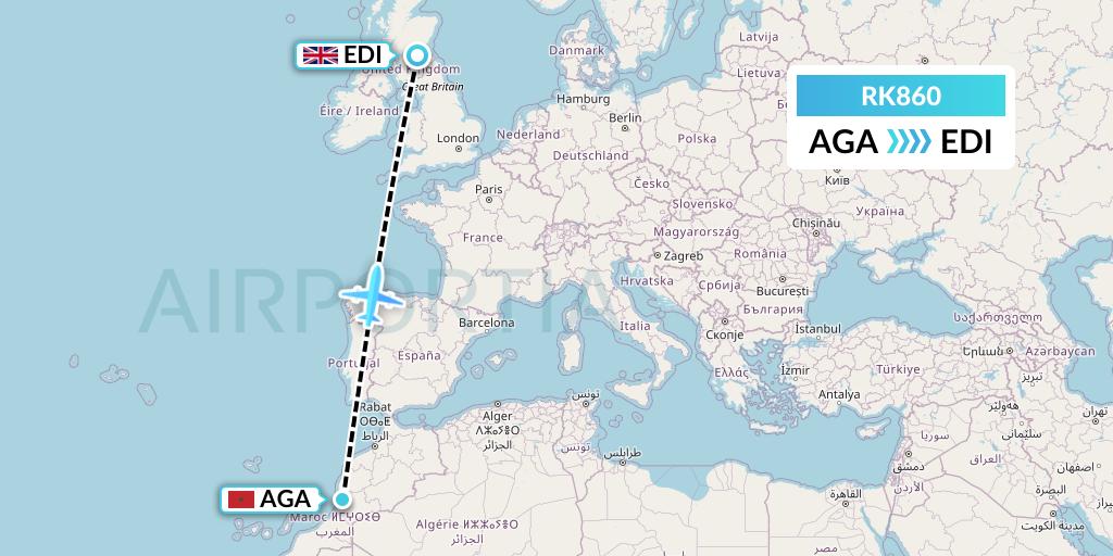 RK860 Ryanair UK Flight Map: Agadir to Edinburgh