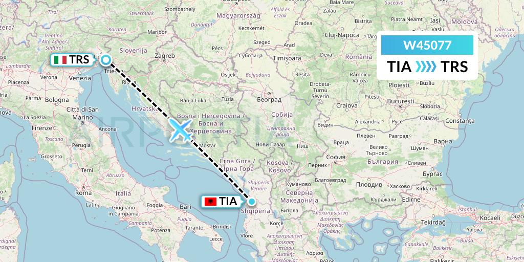 W45077 Wizz Air Malta Flight Map: Tirana to Trieste