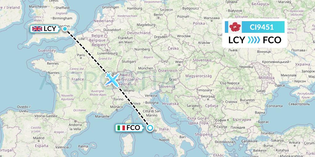 CI9451 China Airlines Flight Map: London to Rome