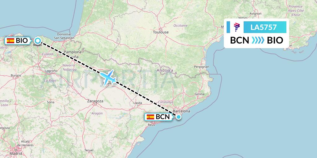 LA5757 LAN Airlines Flight Map: Barcelona to Bilbao