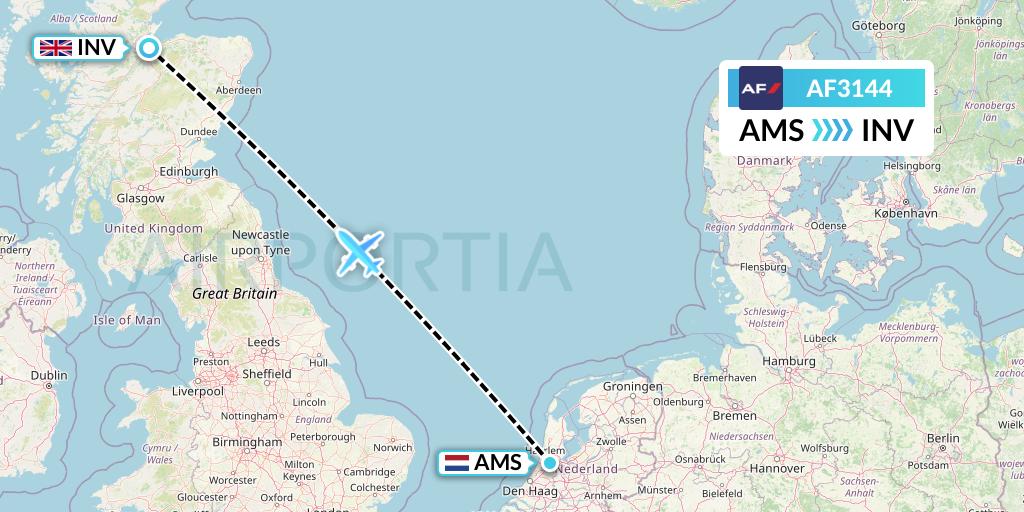 AF3144 Air France Flight Map: Amsterdam to Inverness
