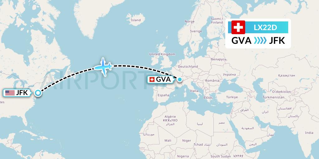 LX22D Swiss Flight Map: Geneva to New York