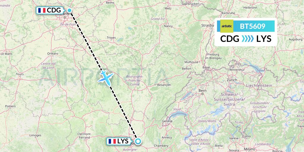 BT5609 Air Baltic Flight Map: Paris to Lyon