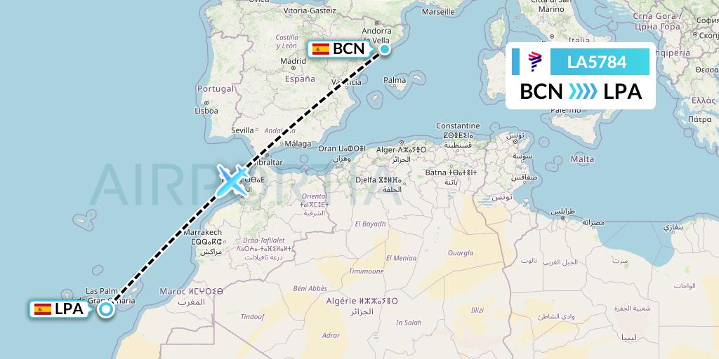LA5784 LAN Airlines Flight Map: Barcelona to Las Palmas