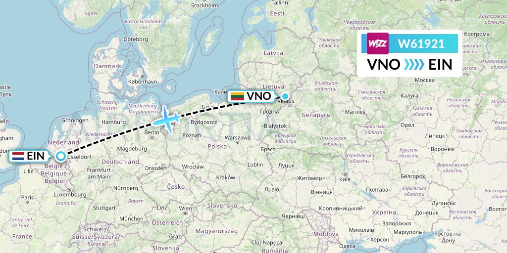 W61921 Wizz Air Flight Map: Vilnius to Eindhoven
