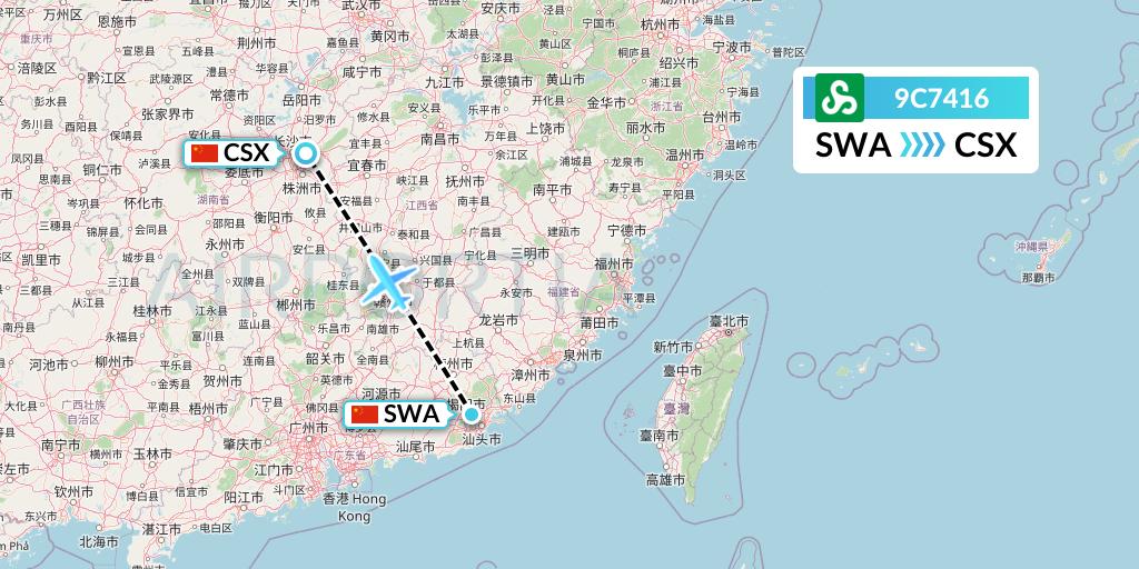 9C7416 Spring Airlines Flight Map: Jieyang to Changsha