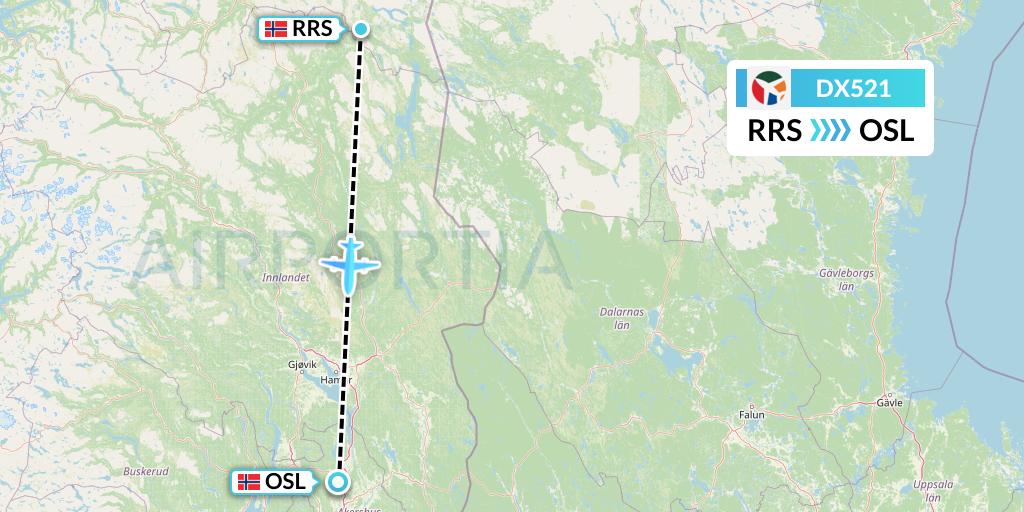 DX521 Danish Air Transport Flight Map: Roros to Oslo
