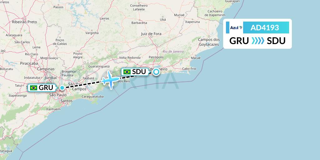 AD4193 Azul Brazilian Airlines Flight Map: Sao Paulo to Rio de Janeiro