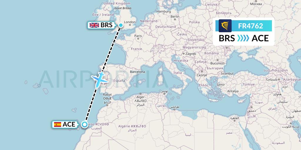 FR4762 Ryanair Flight Map: Bristol to Lanzarote