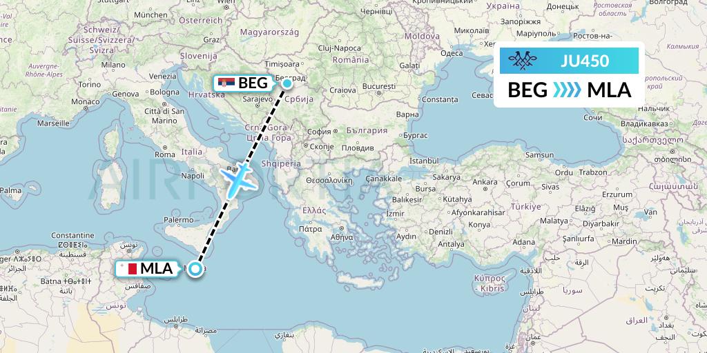 JU450 AirSERBIA Flight Map: Belgrade to Malta
