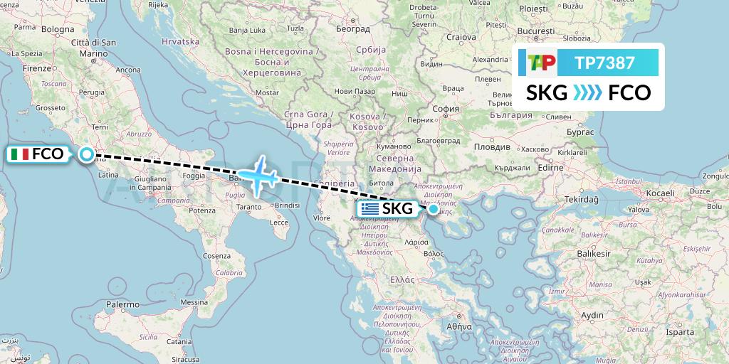 TP7387 TAP Portugal Flight Map: Thessaloniki to Rome