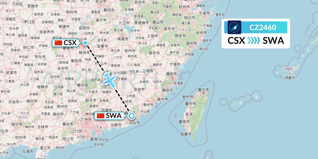 CZ2460 China Southern Airlines Flight Map: Changsha to Jieyang
