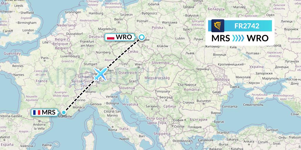 FR2742 Ryanair Flight Map: Marseille to Wroclaw