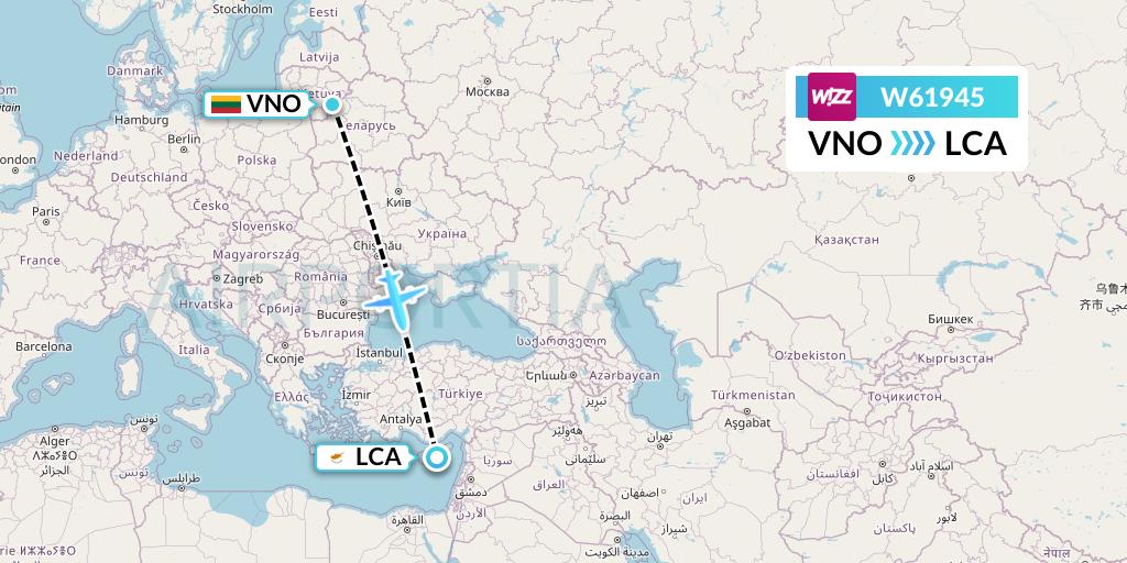 W61945 Wizz Air Flight Map: Vilnius to Larnaca