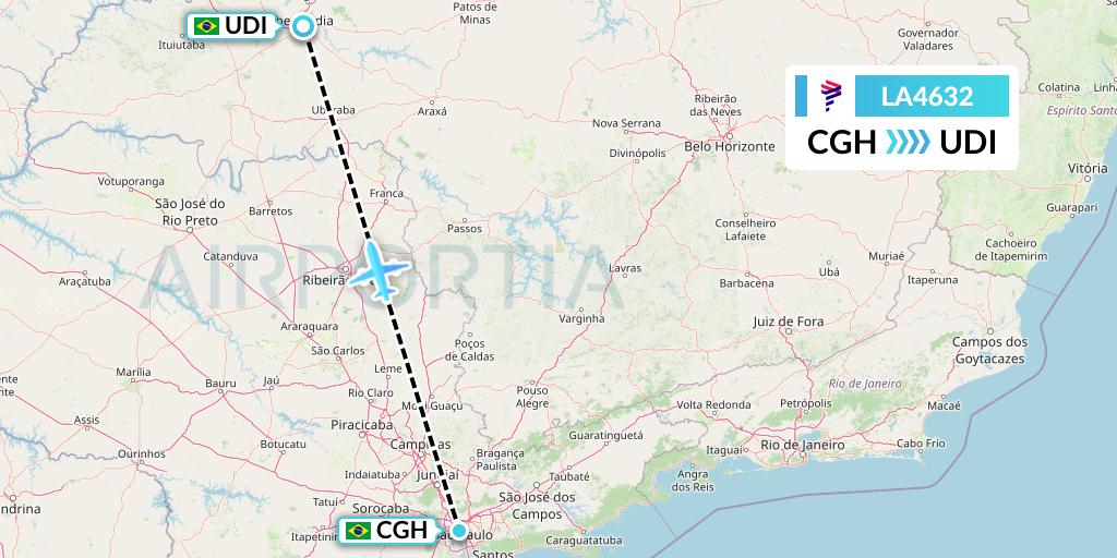 LA4632 LAN Airlines Flight Map: Sao Paulo to Uberlandia