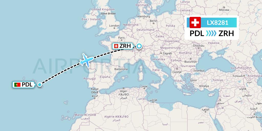 LX8281 Swiss Flight Map: Ponta Delgada to Zurich