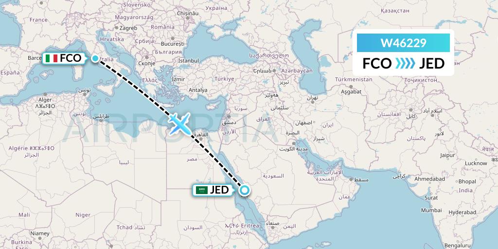 W46229 Wizz Air Malta Flight Map: Rome to Jeddah
