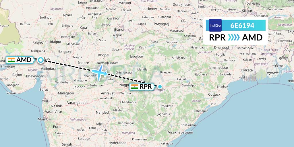 6E6194 IndiGo Airlines Flight Map: Raipur to Ahmedabad