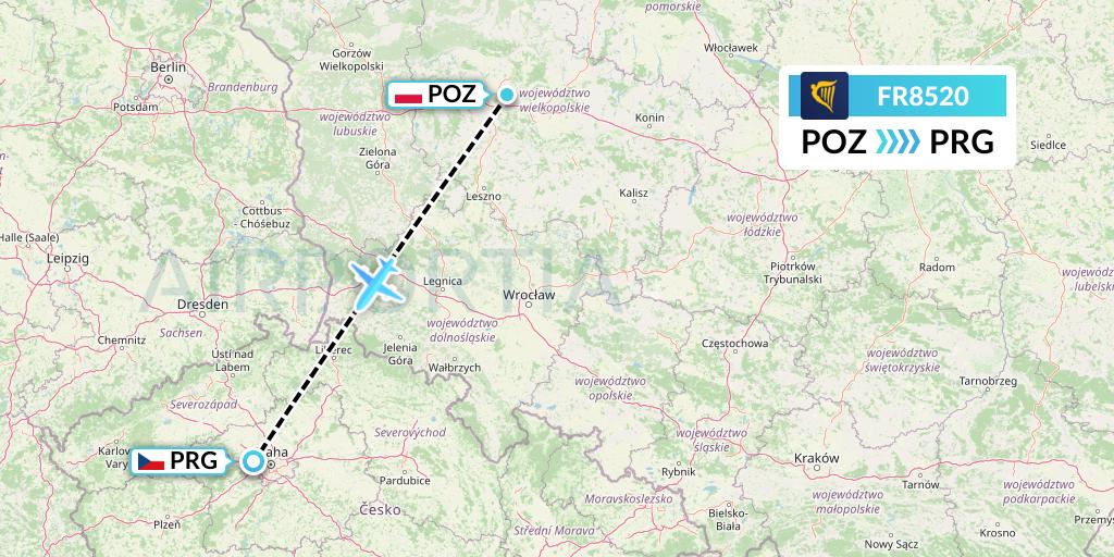 FR8520 Ryanair Flight Map: Poznan to Prague