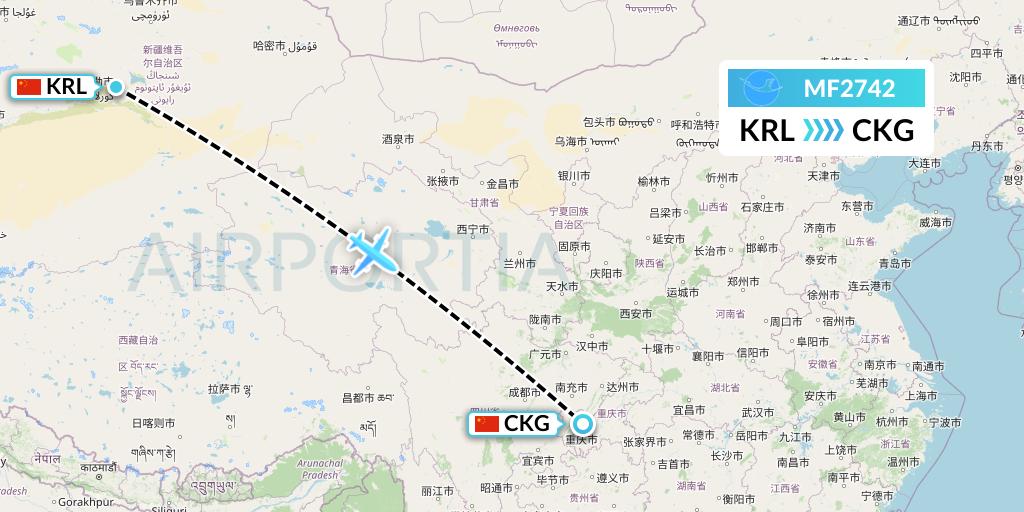 MF2742 Xiamen Airlines Flight Map: Korla to Chongqing