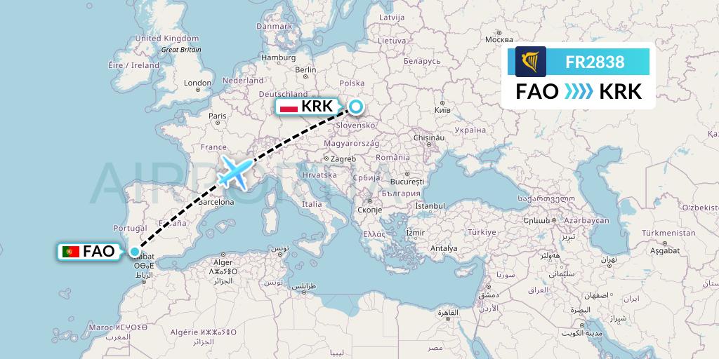 FR2838 Ryanair Flight Map: Faro to Krakow