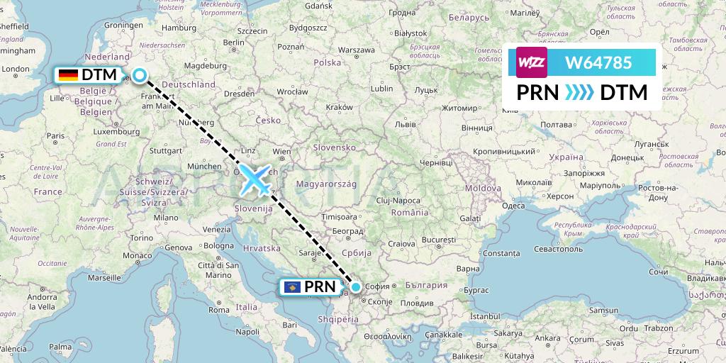 W64785 Wizz Air Flight Map: Pristina to Dortmund