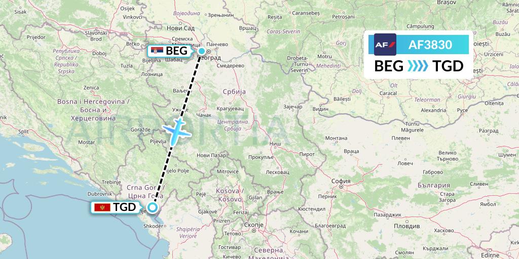 AF3830 Air France Flight Map: Belgrade to Podgorica