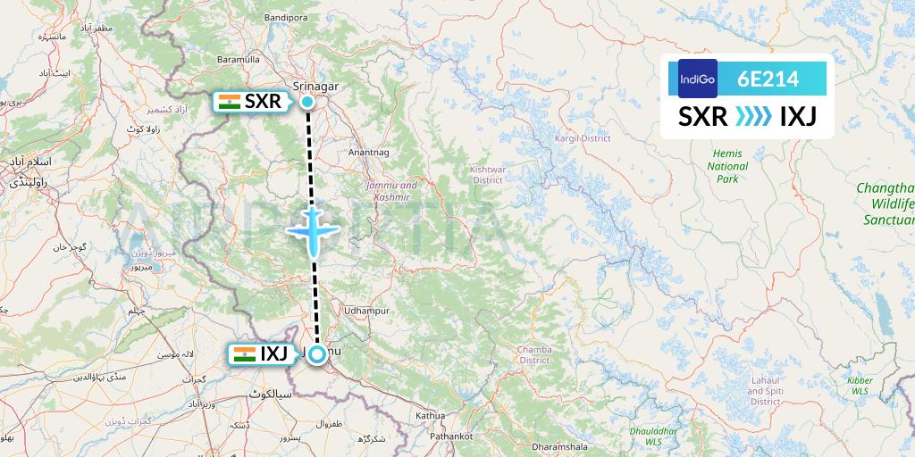 6E214 IndiGo Airlines Flight Map: Srinagar to Jammu