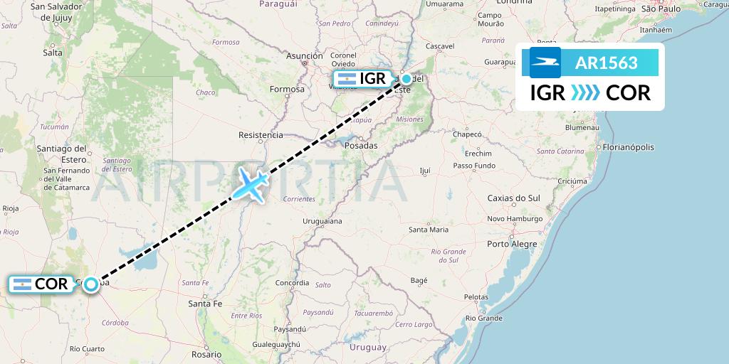 AR1563 Aerolineas Argentinas Flight Map: Puerto Iguazu to Cordoba