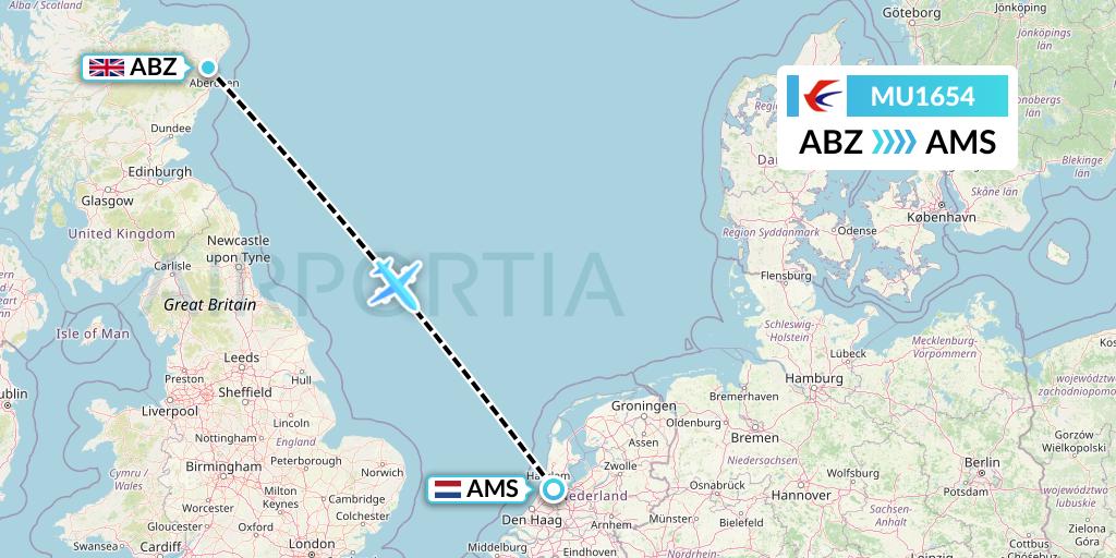 MU1654 China Eastern Airlines Flight Map: Aberdeen to Amsterdam