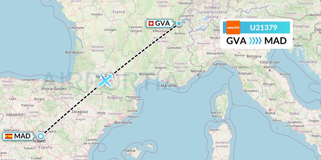U21379 EasyJet Flight Map: Geneva to Madrid