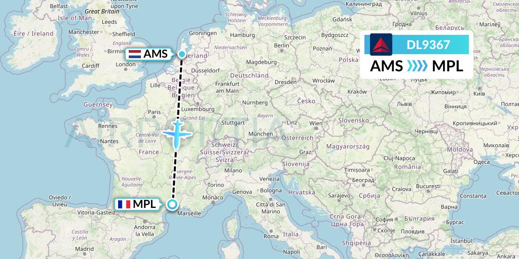 DL9367 Delta Air Lines Flight Map: Amsterdam to Montpellier