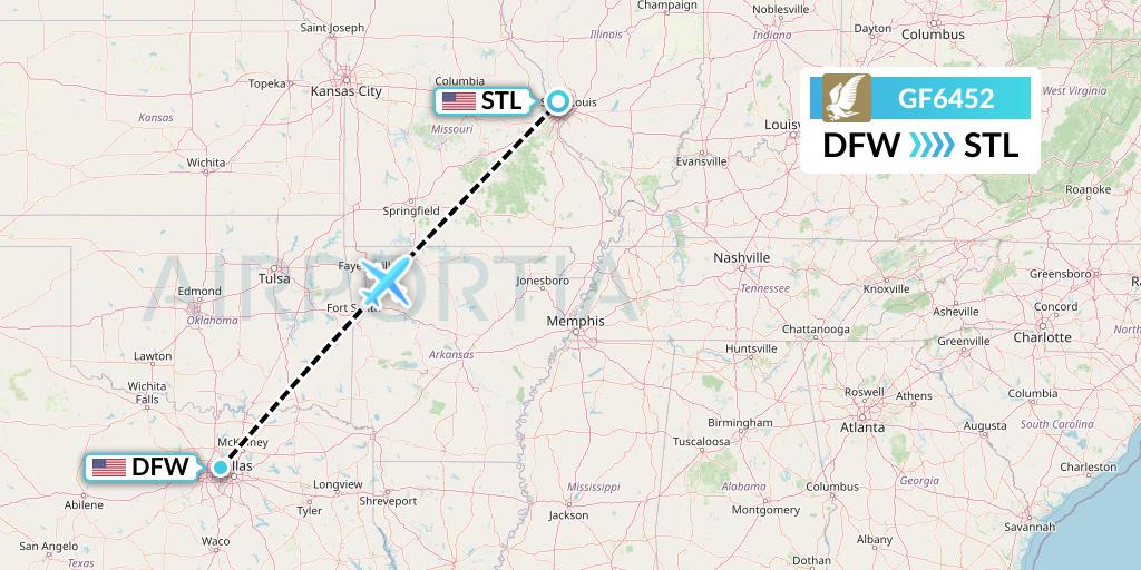 GF6452 Gulf Air Flight Map: Dallas to St. Louis