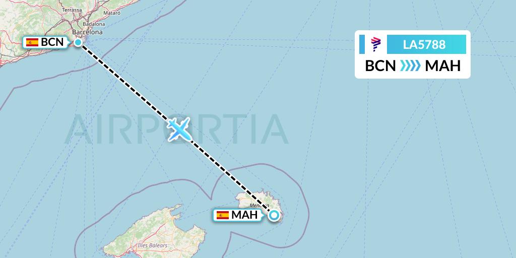 LA5788 LAN Airlines Flight Map: Barcelona to Mahon