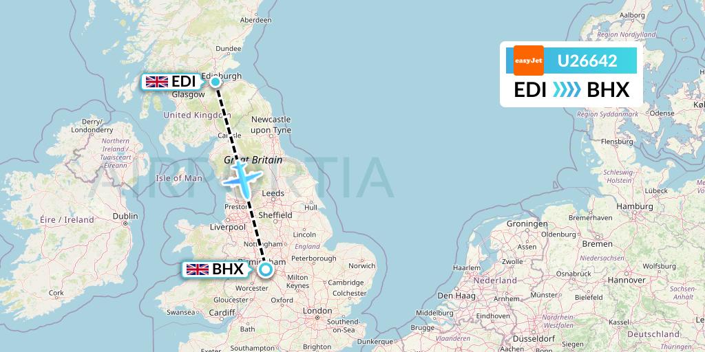 U26642 EasyJet Flight Map: Edinburgh to Birmingham