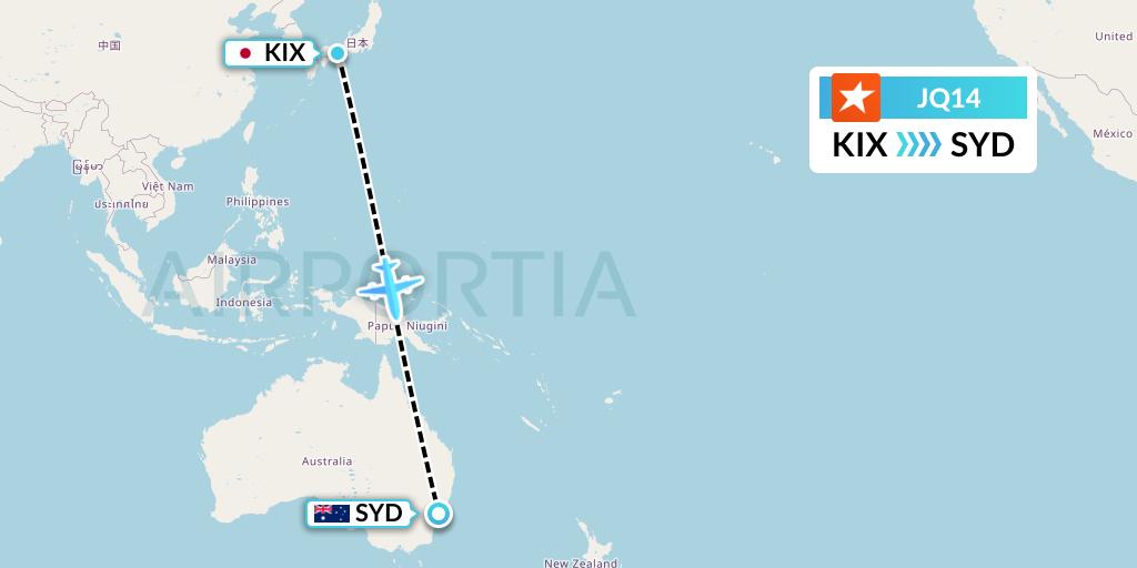 JQ14 Jetstar Airways Flight Map: Osaka to Sydney