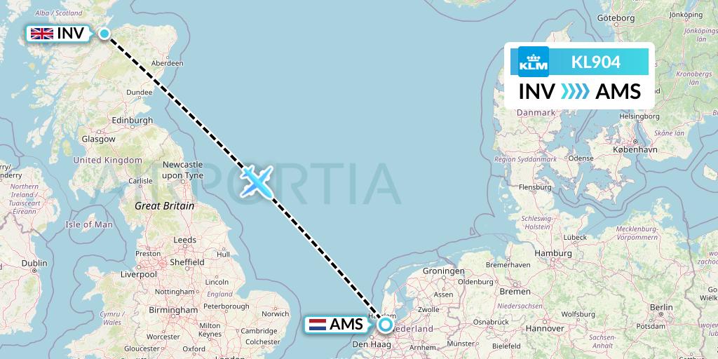 KL904 KLM Flight Map: Inverness to Amsterdam