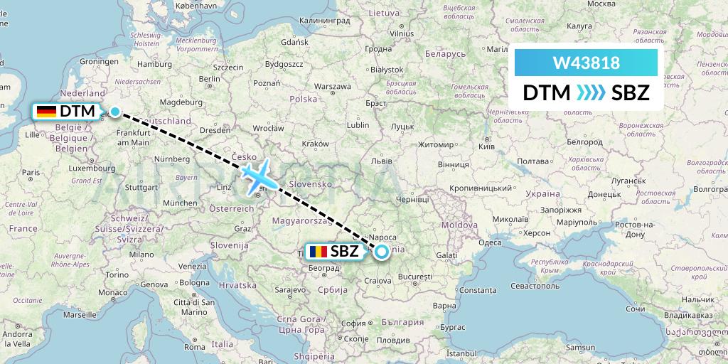 W43818 Wizz Air Malta Flight Map: Dortmund to Sibiu
