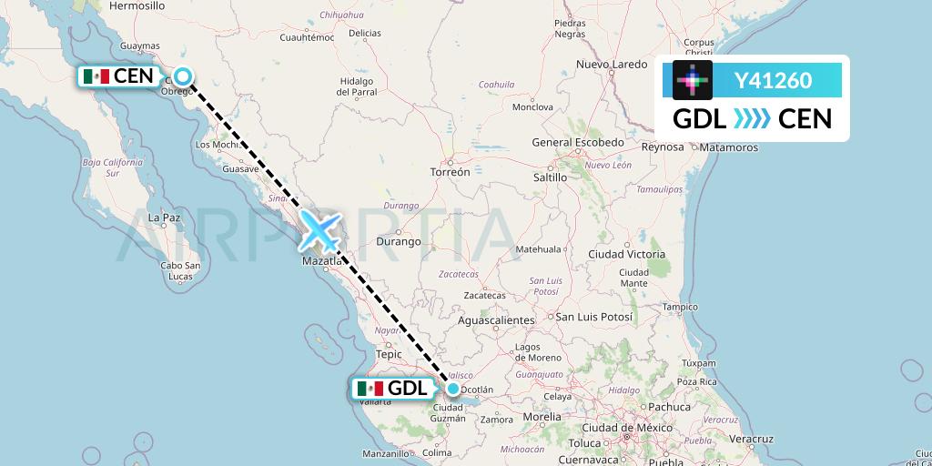 Y41260 Volaris Flight Map: Guadalajara to Ciudad Obregon
