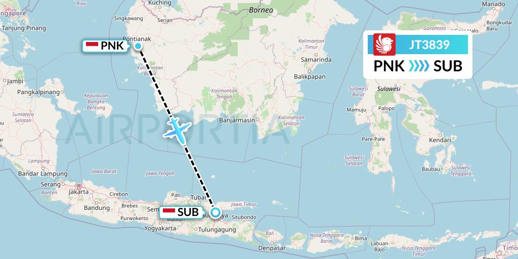 JT3839 Lion Airlines Flight Map: Pontianak to Surabaya